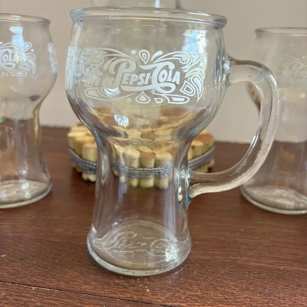 Vintage Set Of 4 Pepsi Cola 16oz Glasses‎ with Handle 1970's White Logo 3 Sided